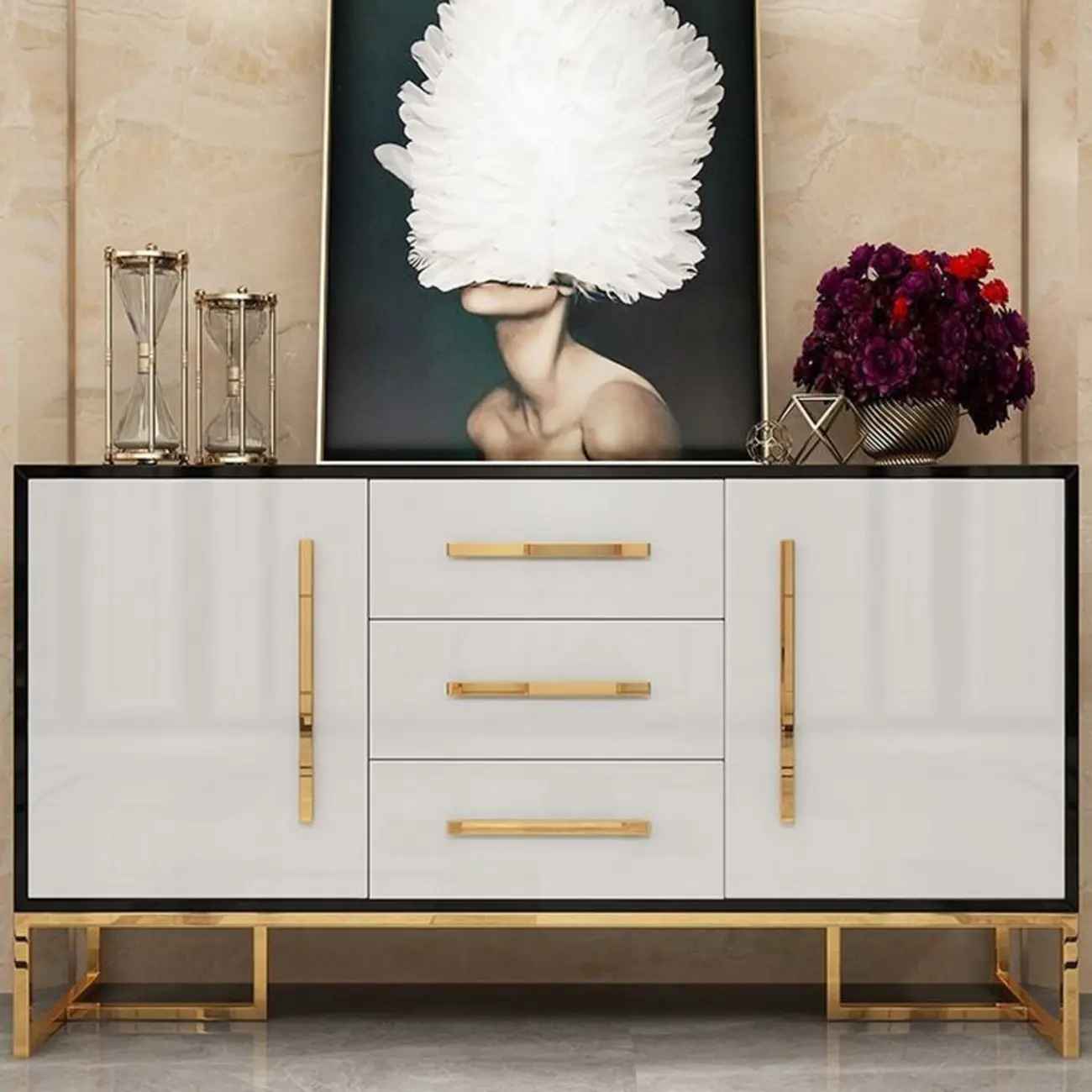 Glam Black Rectangle Accent Cabinets with Drawers & Doors