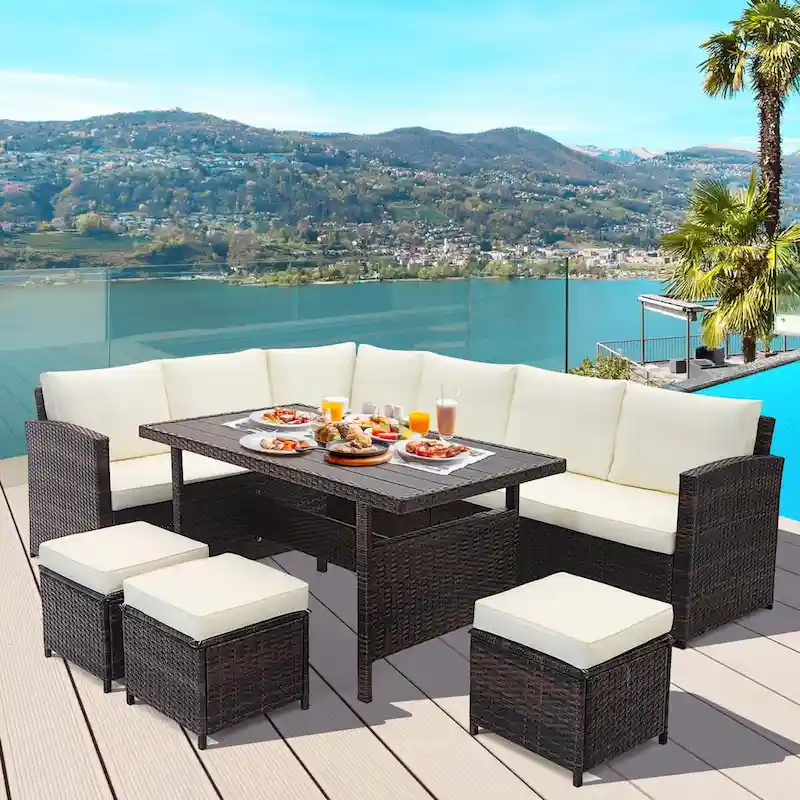 7 PCS Patio Furniture Rattan Set Conversation Sofa Coffee Table