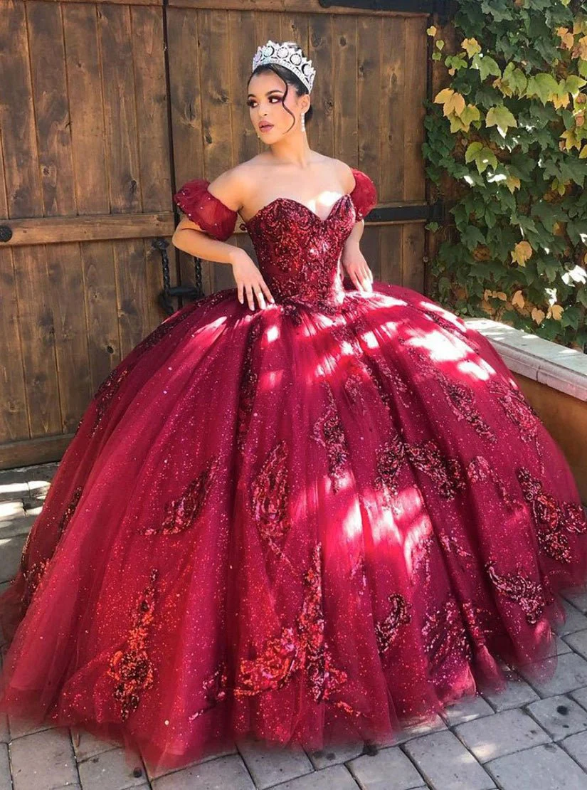 Quinceanera Dress Burgundy Off Shoulder Tulle Lace Long Prom Dresses