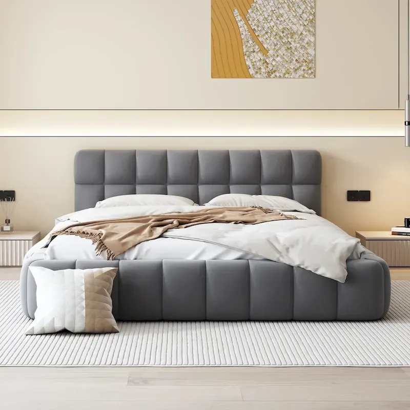 Queen Size Upholstered Platform Bed with Thick Fabric, Grounded Bed with Solid Frame