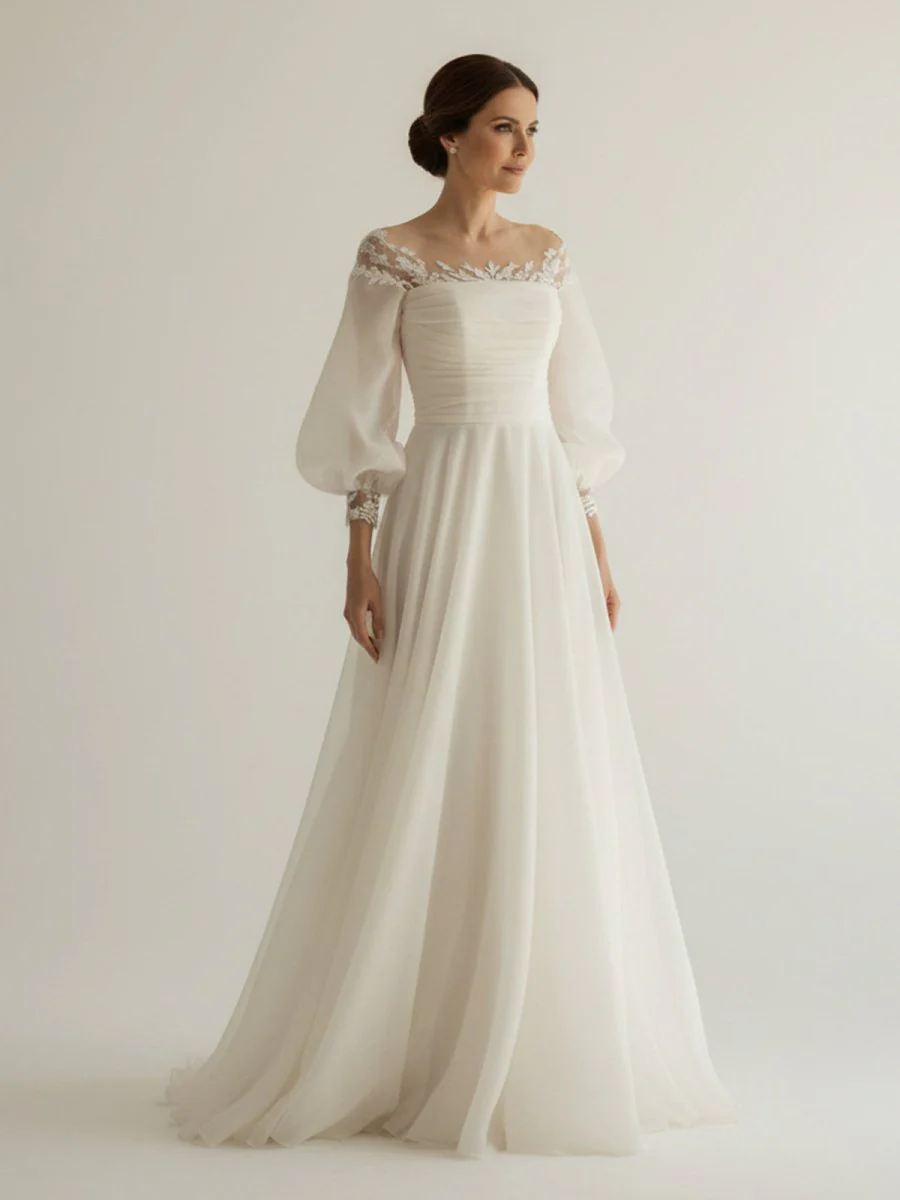 Elegant Simple Beach A-Line Lace Organza Floor Zipper Low-V BackWedding Dress with Sheer Sleeve