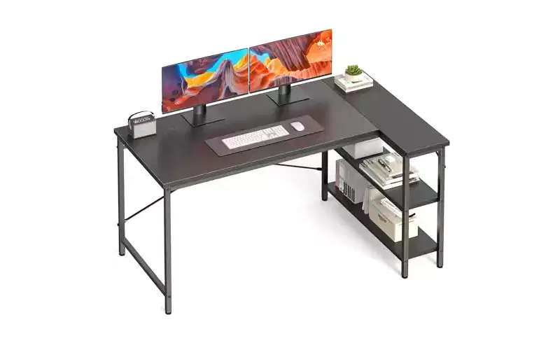 MAYEERTY 47 Inch L Shaped Computer Desk Corner Home Office PC Table Reversible Storage Shelves