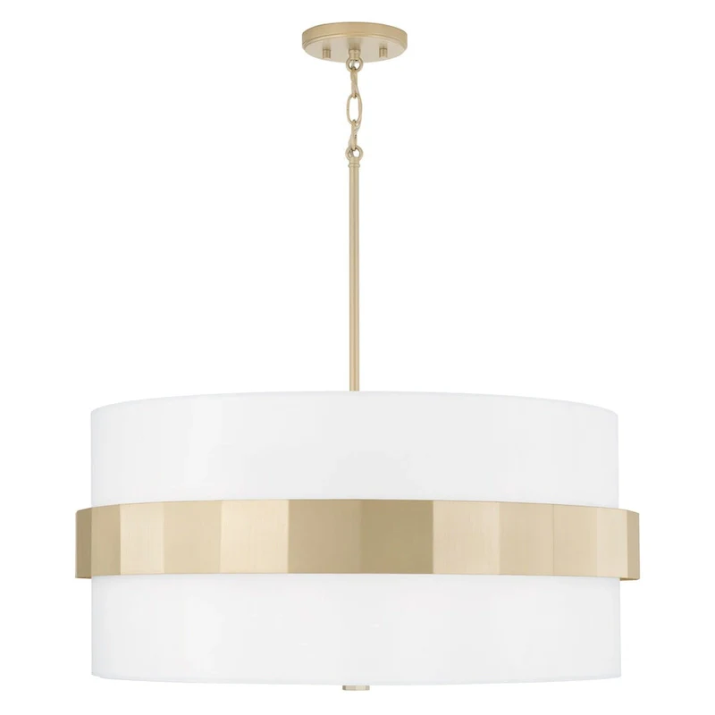 Sutton 4-light Soft Gold Large Drum Pendant w/ White Fabric Shade & Frosted Glass Diffuser