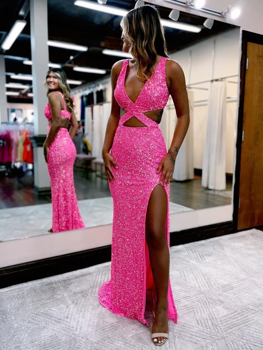 Mermaid V Neck Sequins Prom Dress with Slit