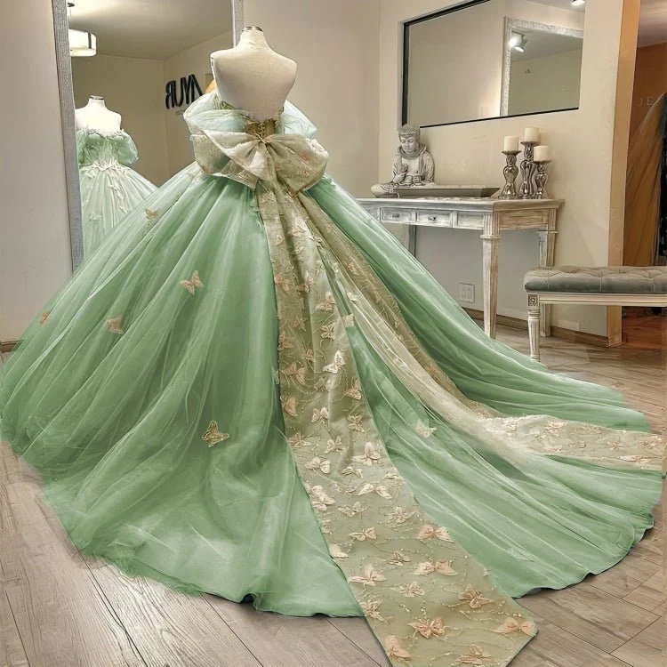 Ball Gown Sage Green Tulle Quinceanera Dress With Butterflies