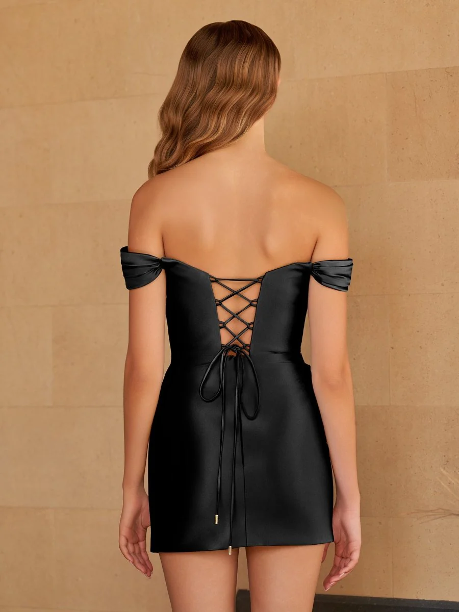 Black - Bodycon Satin Off the Shoulder Homecoming Dresses with Beads