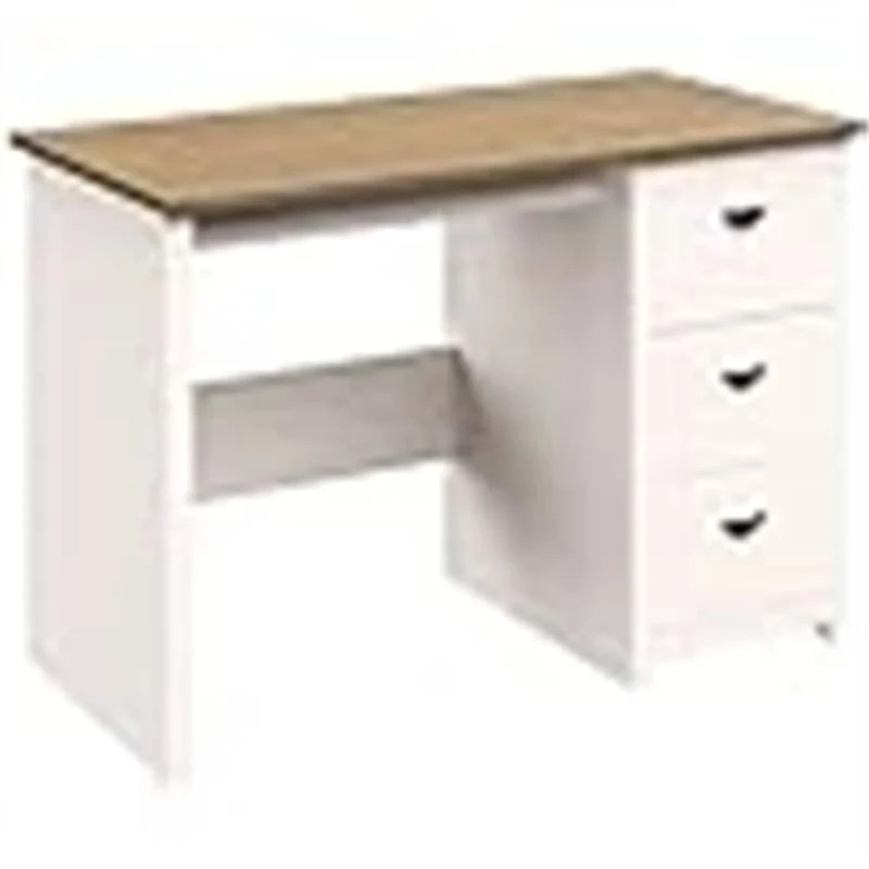 White & Wood Finish Writing Desk with 3 Drawers, 1-Person
