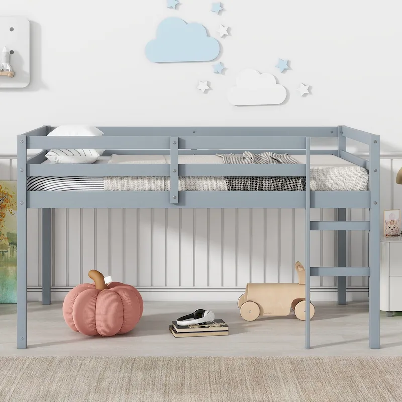 Grey Twin Size Rubber Wooden Loft Bed with Ladder, Bed Platform of Strengthened Slats