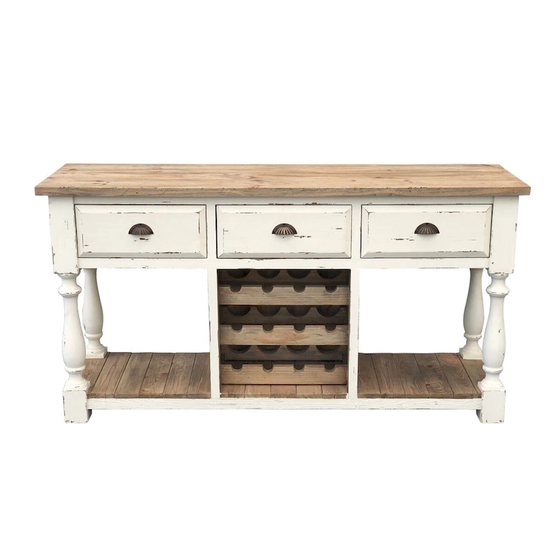 Farmhouse Console Wine Rack White Chalk Finish and Natural Top