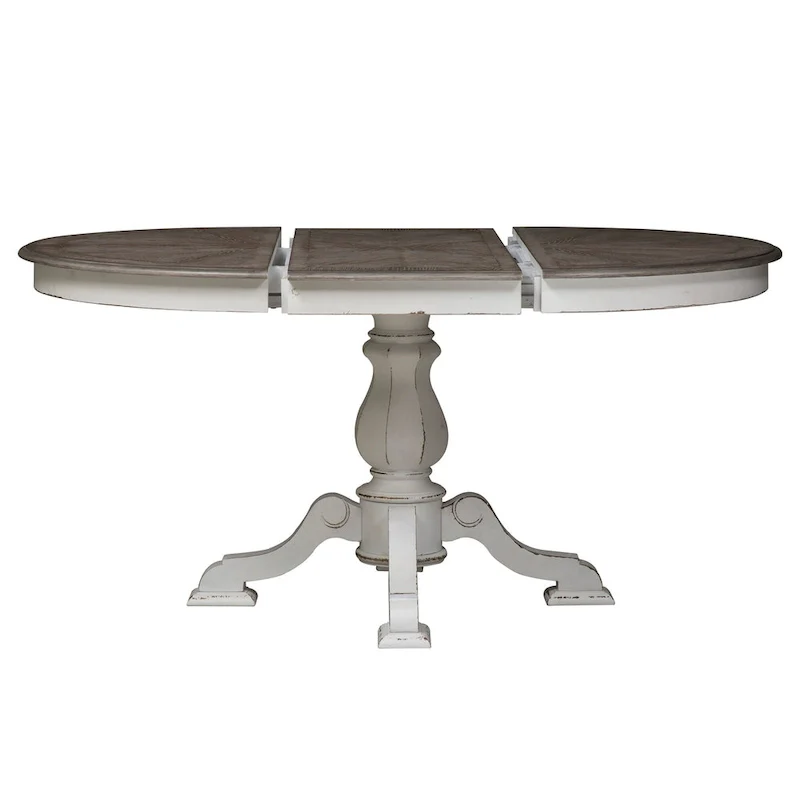 White Pedestal Dining Table with 4 Upholstered Chairs