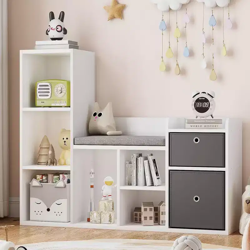 White 3-in-1 Kids Bookshelf with Reading Nook, 6-Cubby & 2-Drawer Storage Bench, for 1 Child