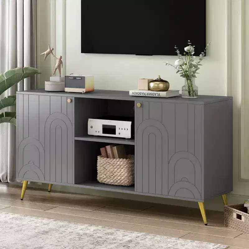 MAYEERTY Entertainment Center Media Console Adjustable Shelf Metal Legs Handles Anti Tip Device for Living Room