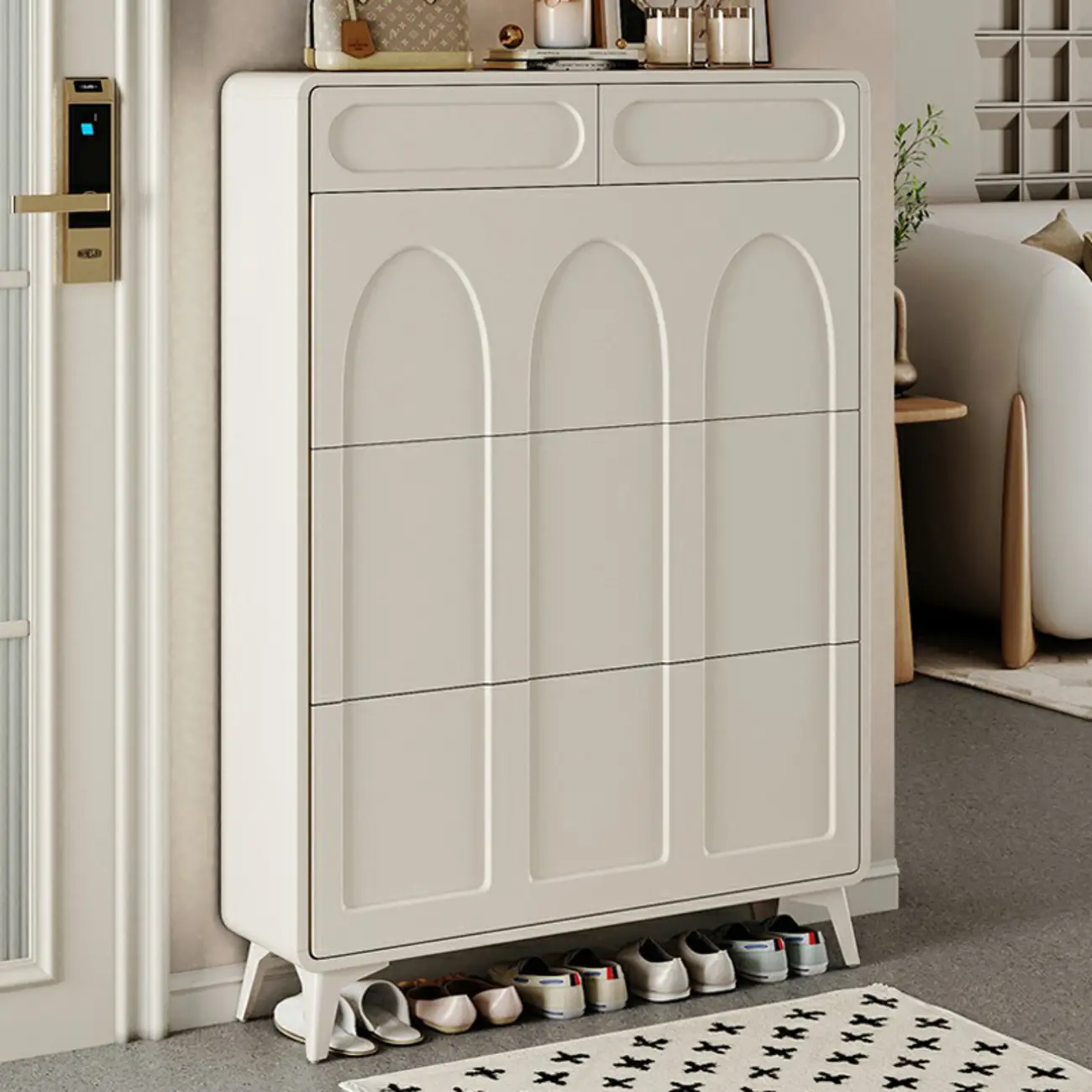 Vertical Slim White Wooden Drop Front Shoe Cabinet