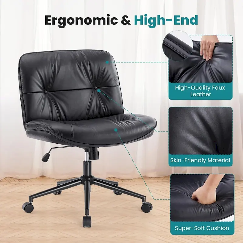 PU Leather Swivel Office Chair – Khaki / Beige / Black, Criss-Cross Base, Single User