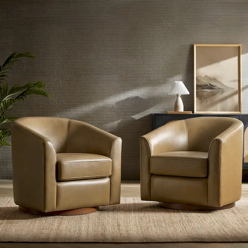 Brown Genuine Leather Swivel Barrel Chairs - Set of 2