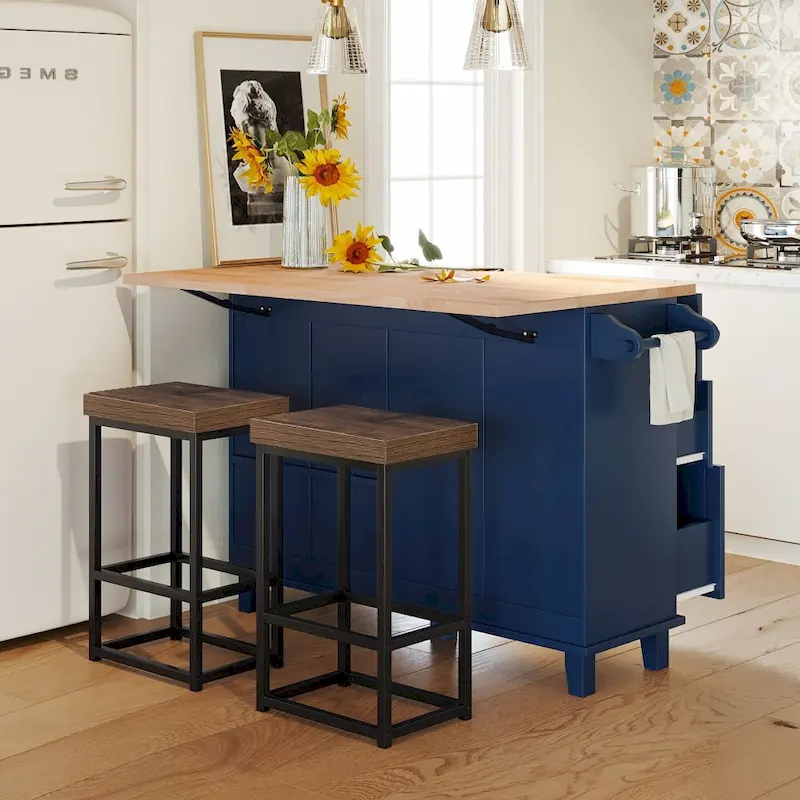 Blue / White Drop Leaf Kitchen Island Set with 2 Stools