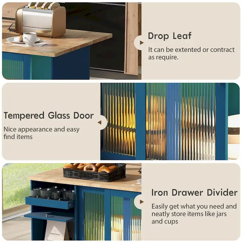 44 in. W Kitchen Island Rubber Wood Drop-Leaf Countertop on 5 Wheels with an Adjustable Shelf and 2 Drawers - 44