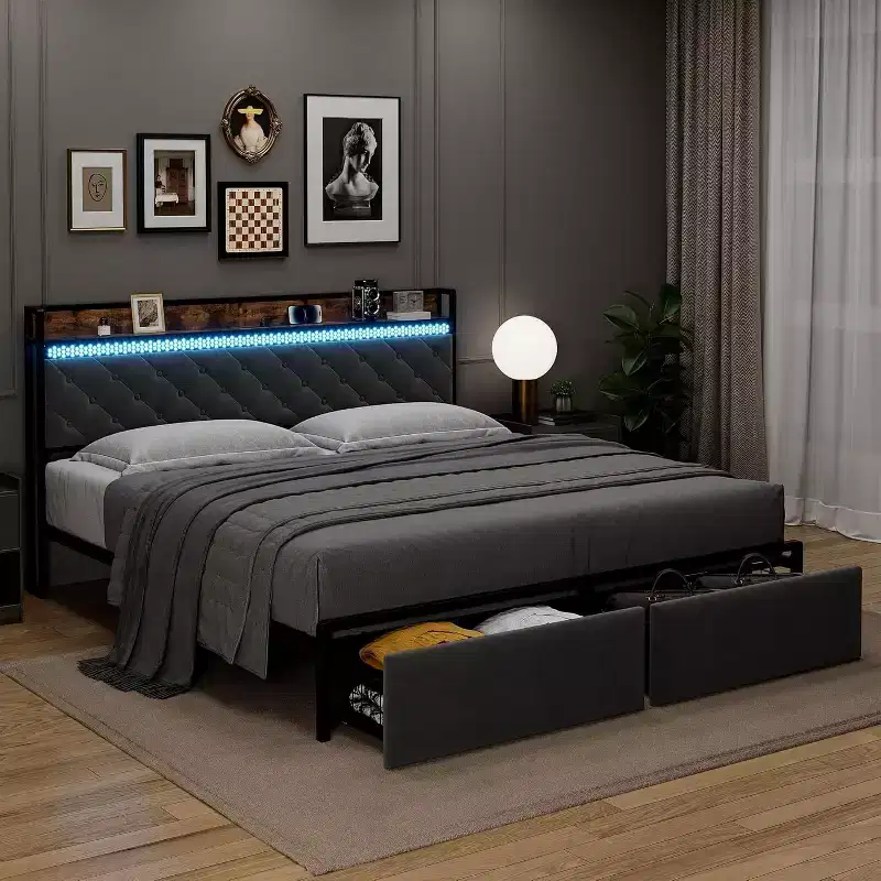 LED King Platform Bed Frame with Storage Drawers, Noise-Free Support with Wood Slats, Gold Metal Frame with Beige fabric Fabric,Upholstered Headboard