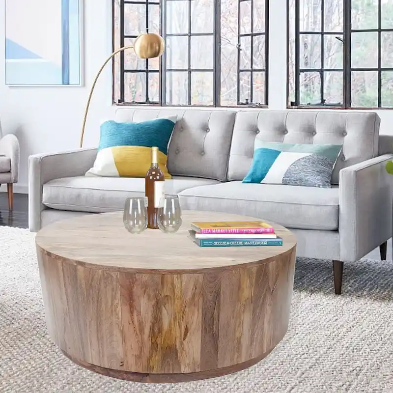 Natural / Distressed White / Elm Solid Mango Wood Round Coffee Table – 42 in