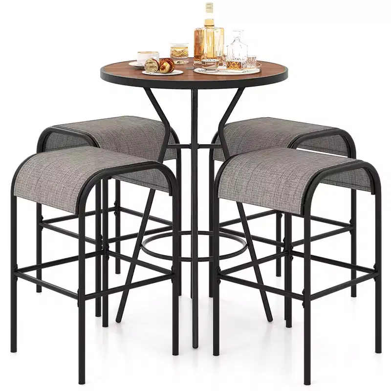 Costway 5 PCS Patio Bistro Set Round Table w/ 1.6 Umbrella Hole & 4 Stools Metal Frame