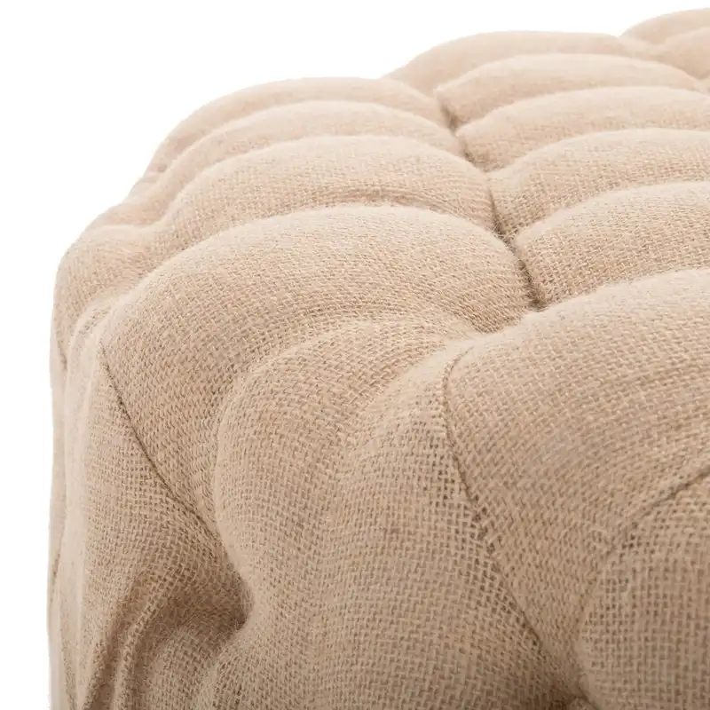 Round Button-Tufted Linen Ottoman – Mushroom / Grey / Antique Gold / Wheat / Bordeaux / Navy / Taupe, Single