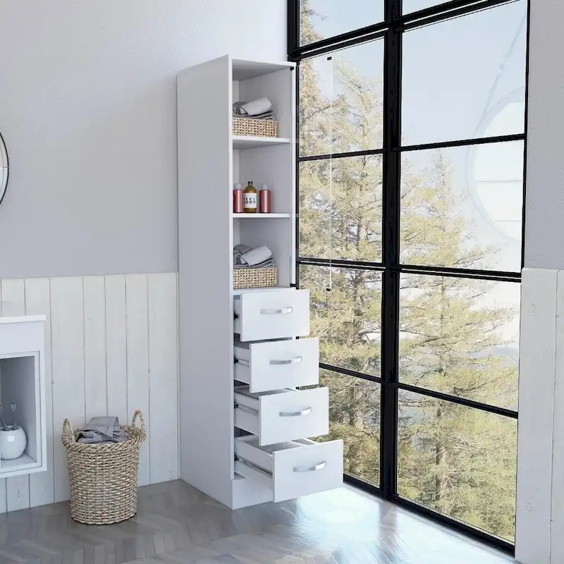 White Linen Cabinet with Glass Door, 3 Interior Shelves & 3 Drawers