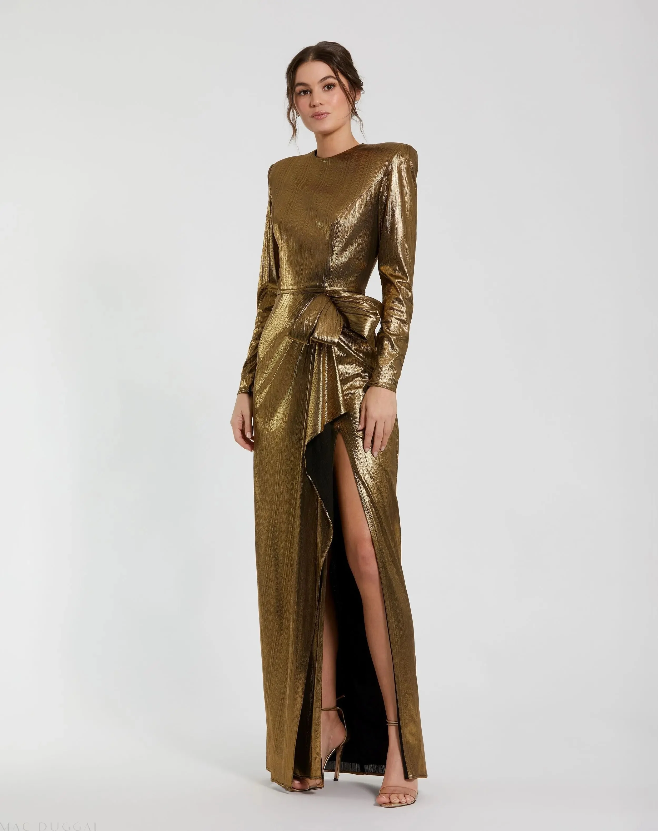 Gold Metallic Long Sleeve Gown With Bow