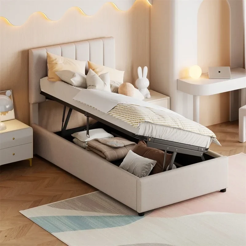 Beige / Grey Upholstered Twin Platform Bed with Hydraulic Lift Storage, Single