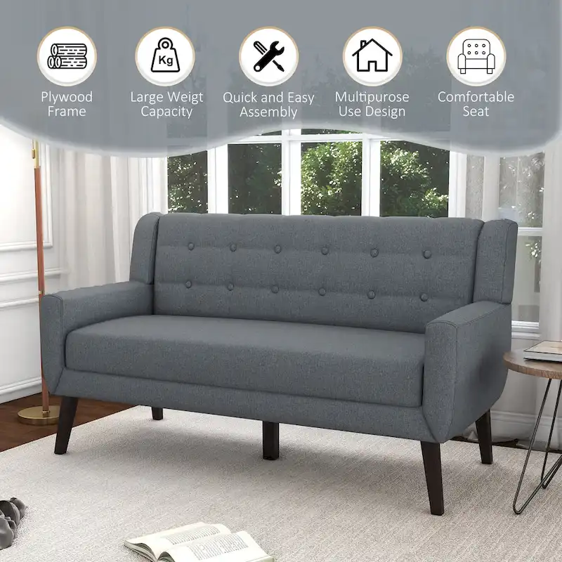 Modern Curved 63  Button Tufted Upholstered Loveseat with 2 Pillows