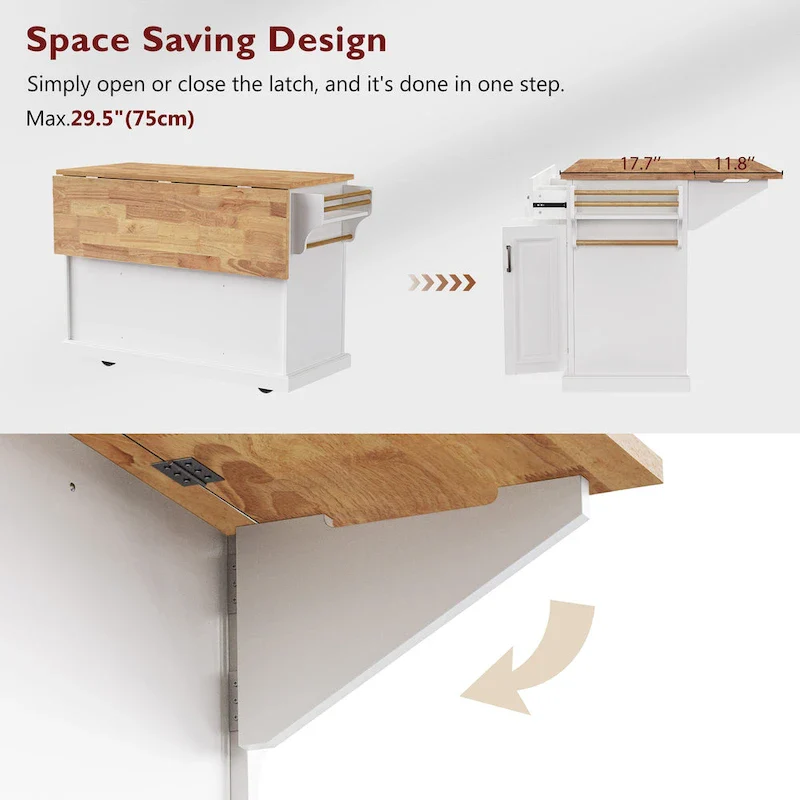 54Inch Large Kitchen Island With Rubber Wood Drop Leaf(no include stool)