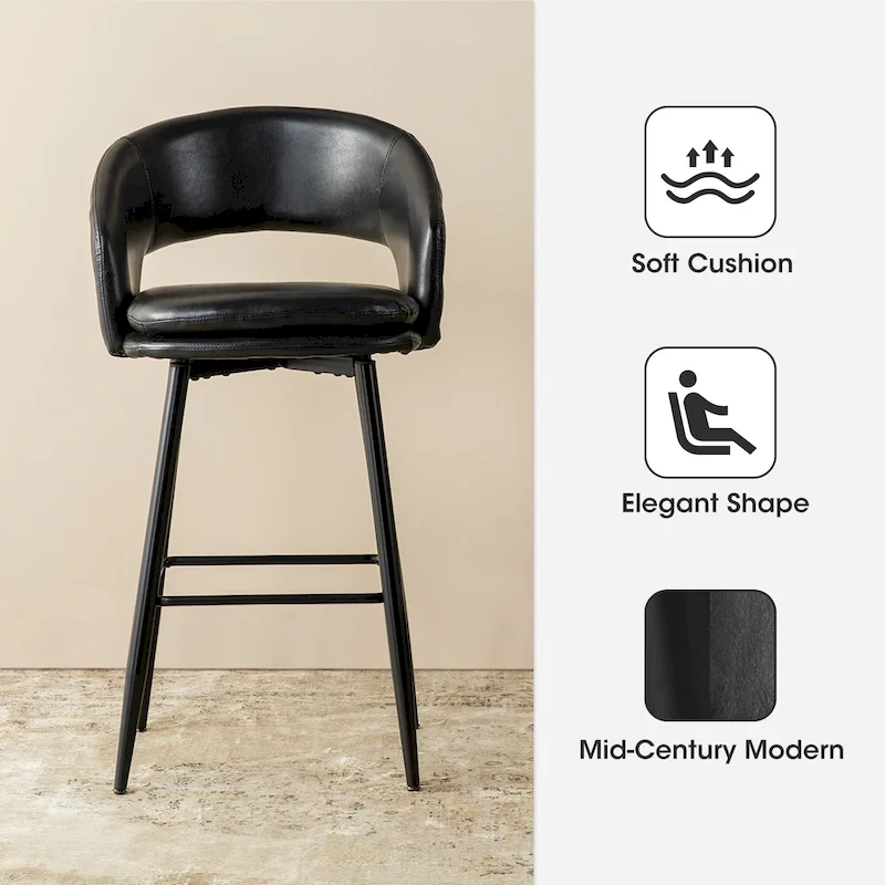 Mid-Century Modern Faux Leather Bar Stool with Nailhead Trim & Metal Legs – Black / Brown