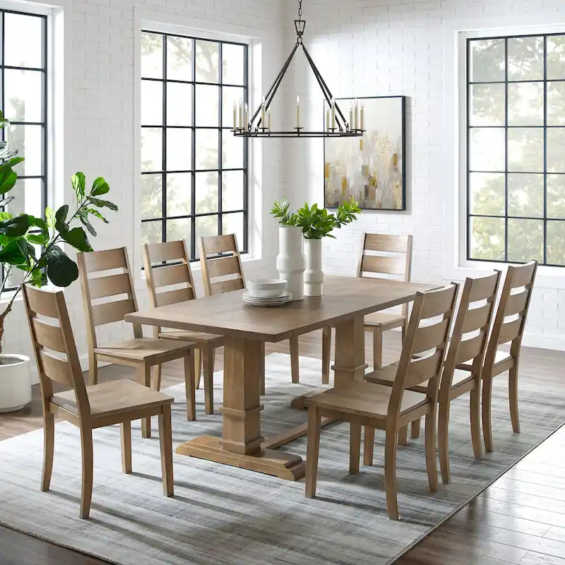 Rustic Brown Trestle Dining Table with 8 Ladder Back Chairs