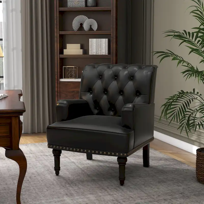 Button-Tufted PU Leather Accent Chair, Black/Brown/Beige, Nailhead Trim, Seats 1