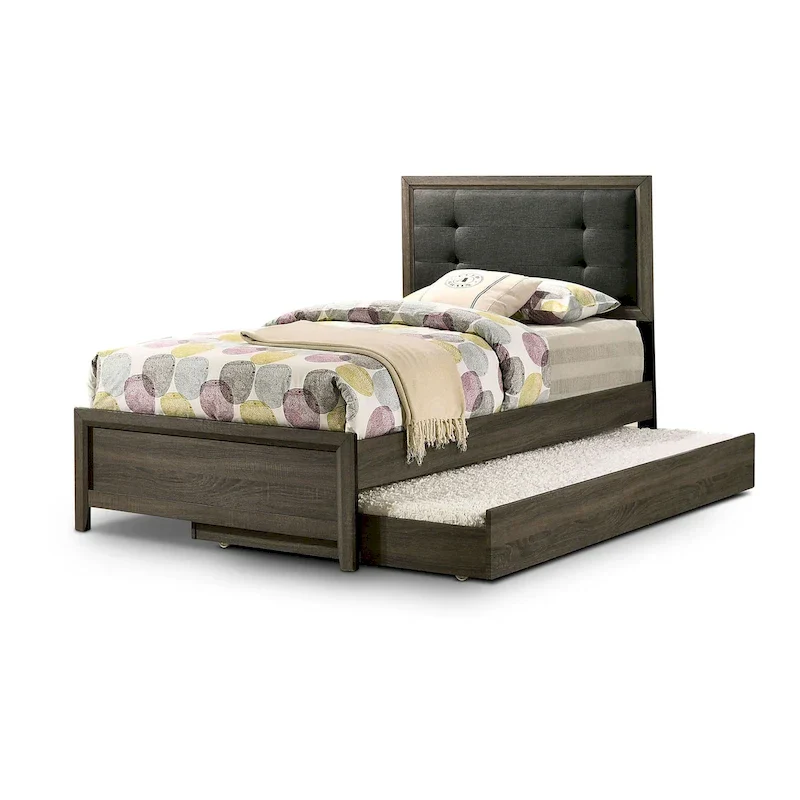 Transitional Grey Wood Tufted Panel Bed with Trundle