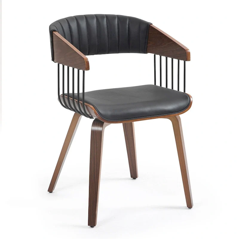 Black Faux Leather Dining Chair with Walnut Wood Frame and Legs