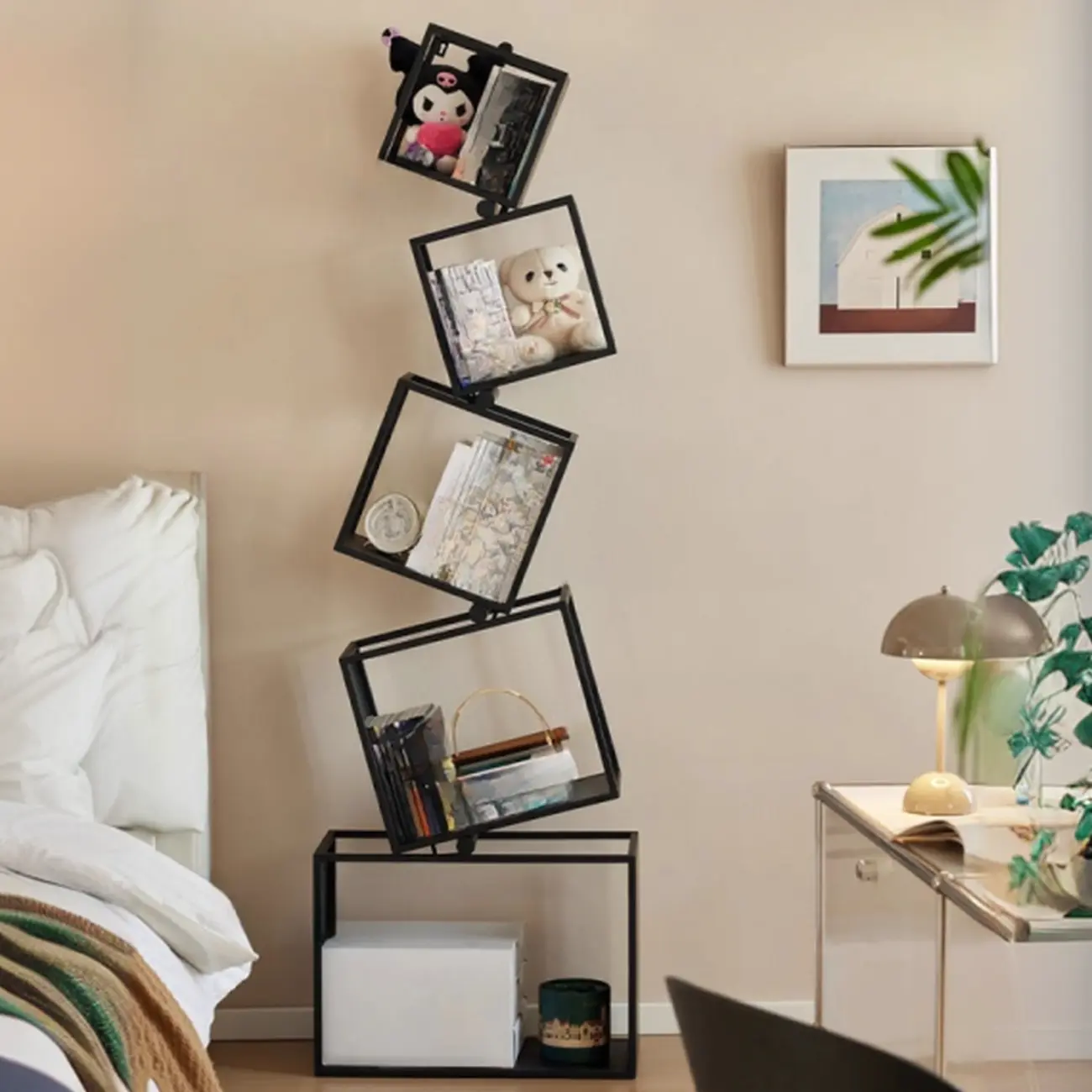 73H Black Metal Geometric Open Cube Bookcase