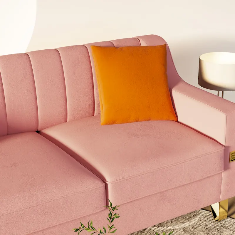 Luxury pink Velvet Sofa with Gold Accents - Modern 3-Seat Couch with Plush Cushions