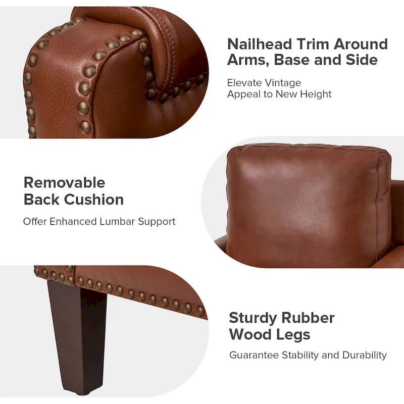 Kunz Transitional Genuine Leather Armchair with Removable Cushion and Nailhead Trims