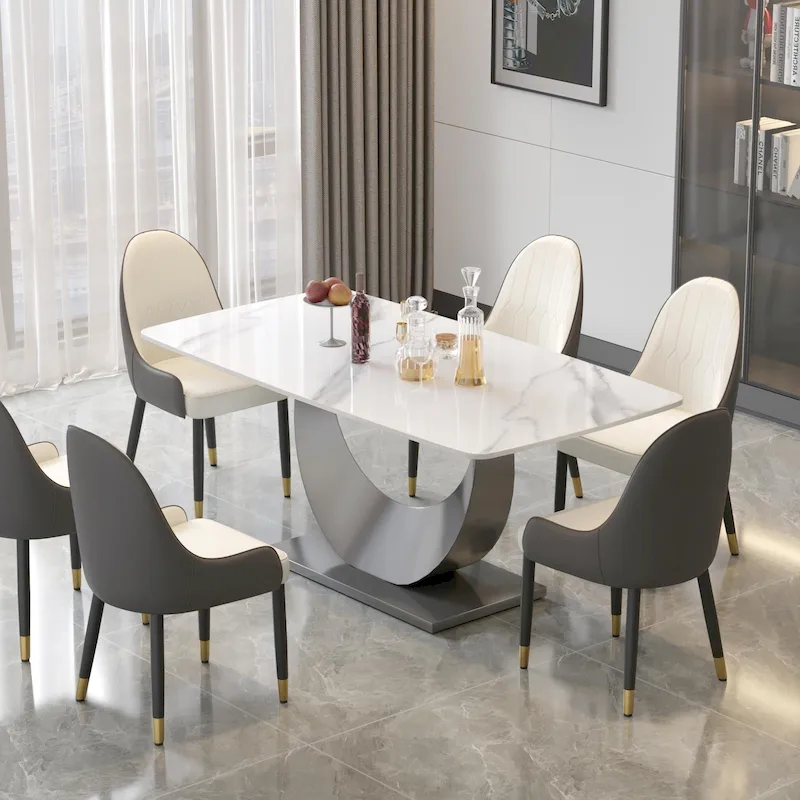 Rectangular Sintered Stone Dining Table with Stainless Steel Base - 71 Inch - Seats 6-8