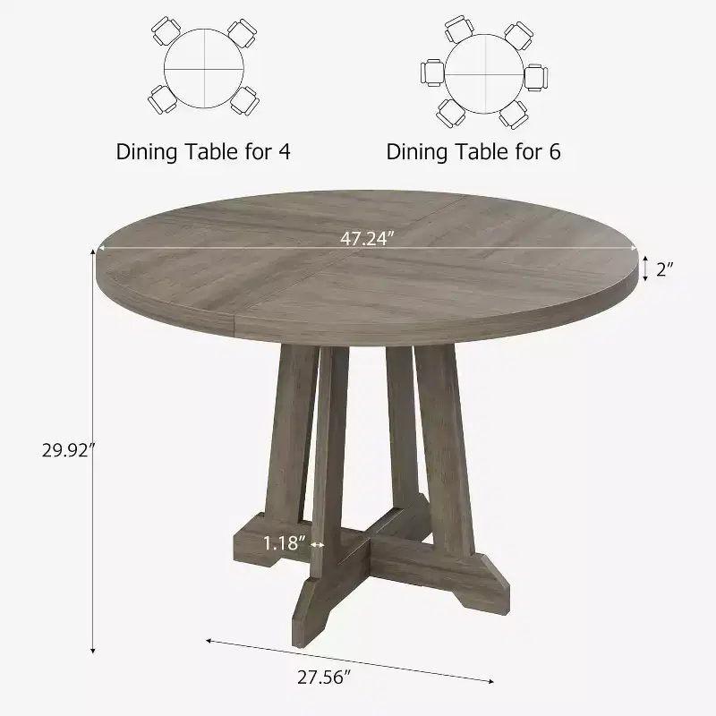 Dining table, round, 47-inch wood, sturdy legs, four-piece tabletop, round base, suitable for dining room, kitchen, and living room.