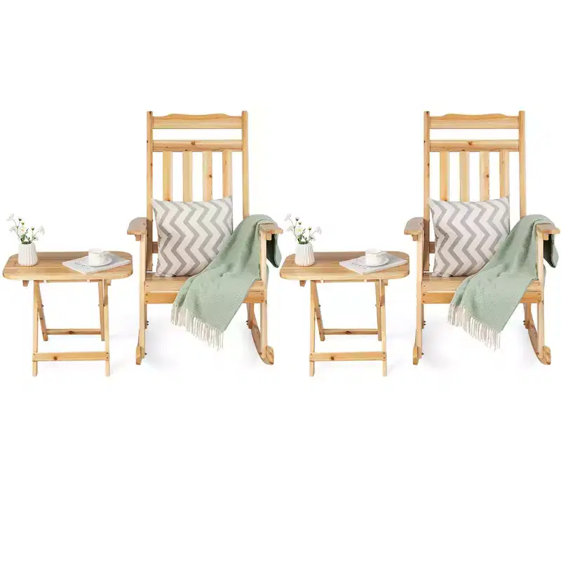 Costway 4PCS Patio Wooden Rocking Chair Bistro Set High Backrest with Folding Side Table