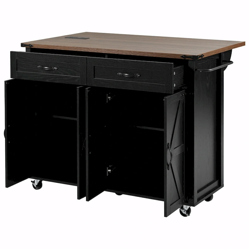 53.5 Farmhouse Kitchen Island - Power Outlet, Drop Leaf, Spice Rack, Drawer, Rolling Cart on Wheels