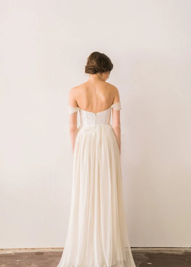 Chiffon  A-line Off-the-Shoulder Backless Beach Wedding Dress with Lace Bodice