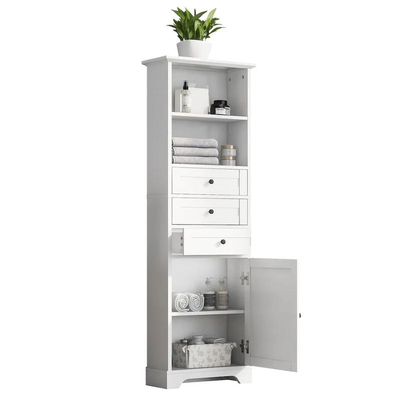 10 in. W x 22 in. D x 68.3 in. H White MDF Linen Cabinet with 3 Drawers and Adjustable Shelves