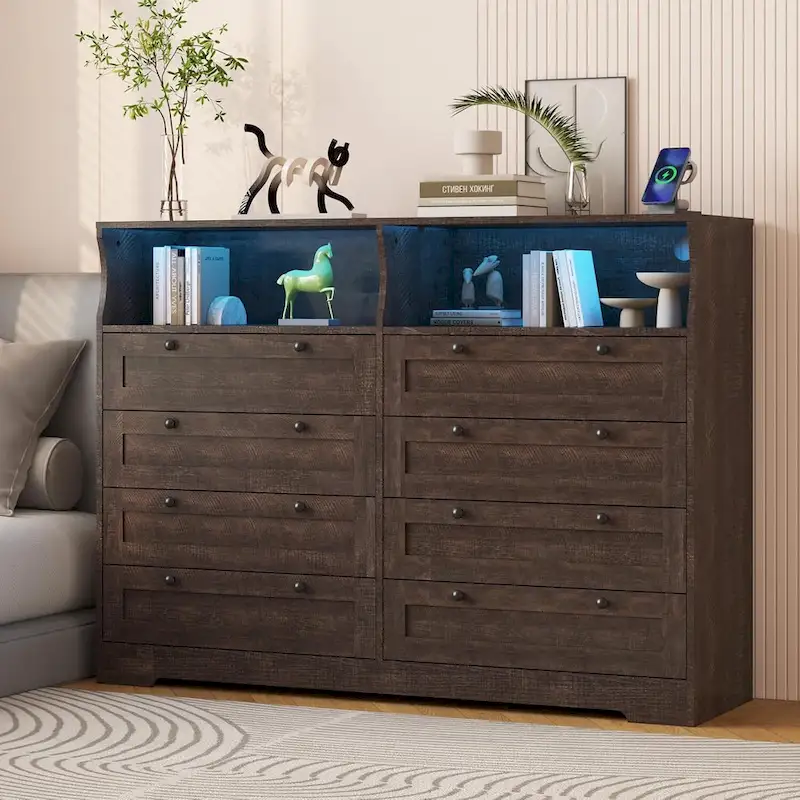 Modern Wood Dresser with 8 Drawers, Bedroom Dresser with Charging Station & LED Lights