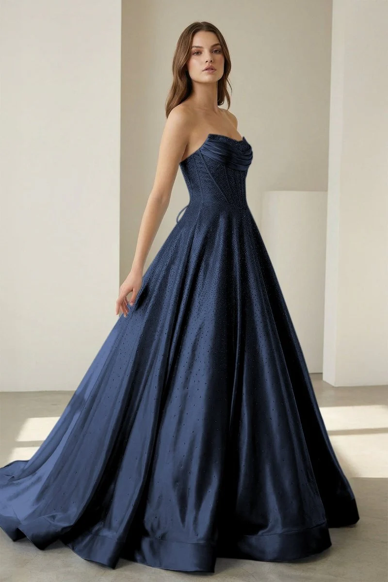 Navy Blue - Strapless A Line Satin Beaded Long Prom Dresses With Pockets