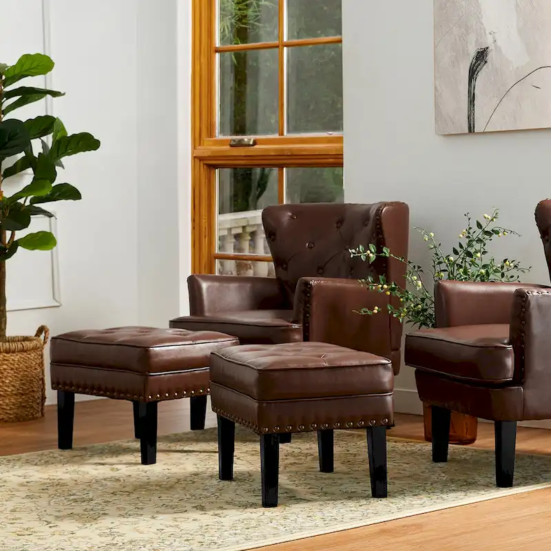 Glitzhome Set of 2 22W Leatherette Button-tufted Foot Stools Ottomans