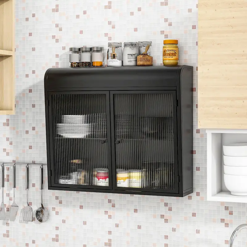 2-Door Wall-Mounted Metal Storage Cabinet with Tempered Glass Doors & Shelves for Bathroom, Kitchen, Living Room & Office