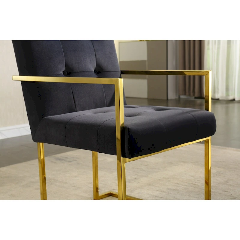Modern Velvet Dining Arm Chair Set of 1, Tufted Design and Gold Finish Stainless Base