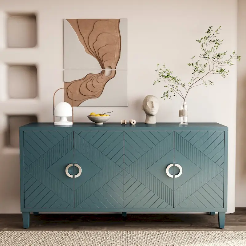 4-Door Sideboard Buffet Cabinet with Pine Legs – Adjustable Shelf, 330 lb Top